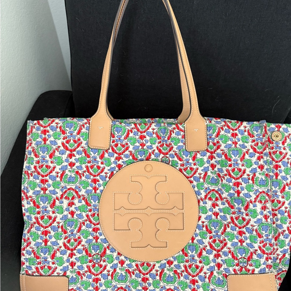 Tory Burch Tan Floral Tote Bag
